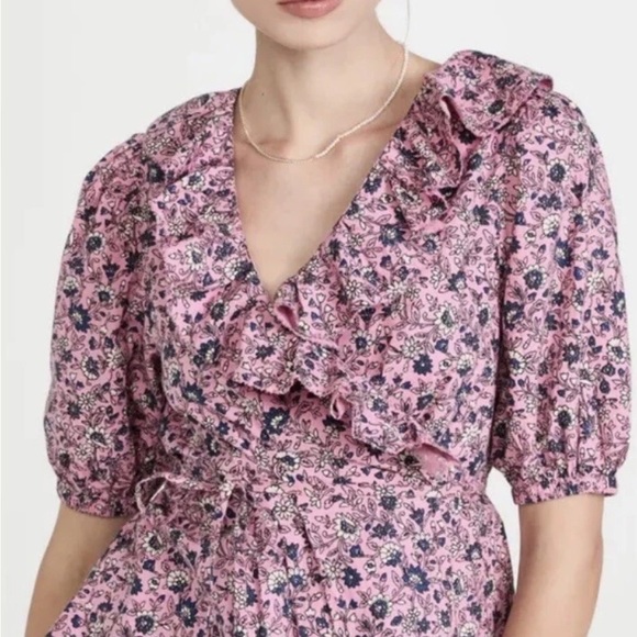 ROLLER RABBIT Cluny Brita Wrap Top Women S Pink Floral Ruffle V Neck Puff Sleeve - Picture 3 of 14